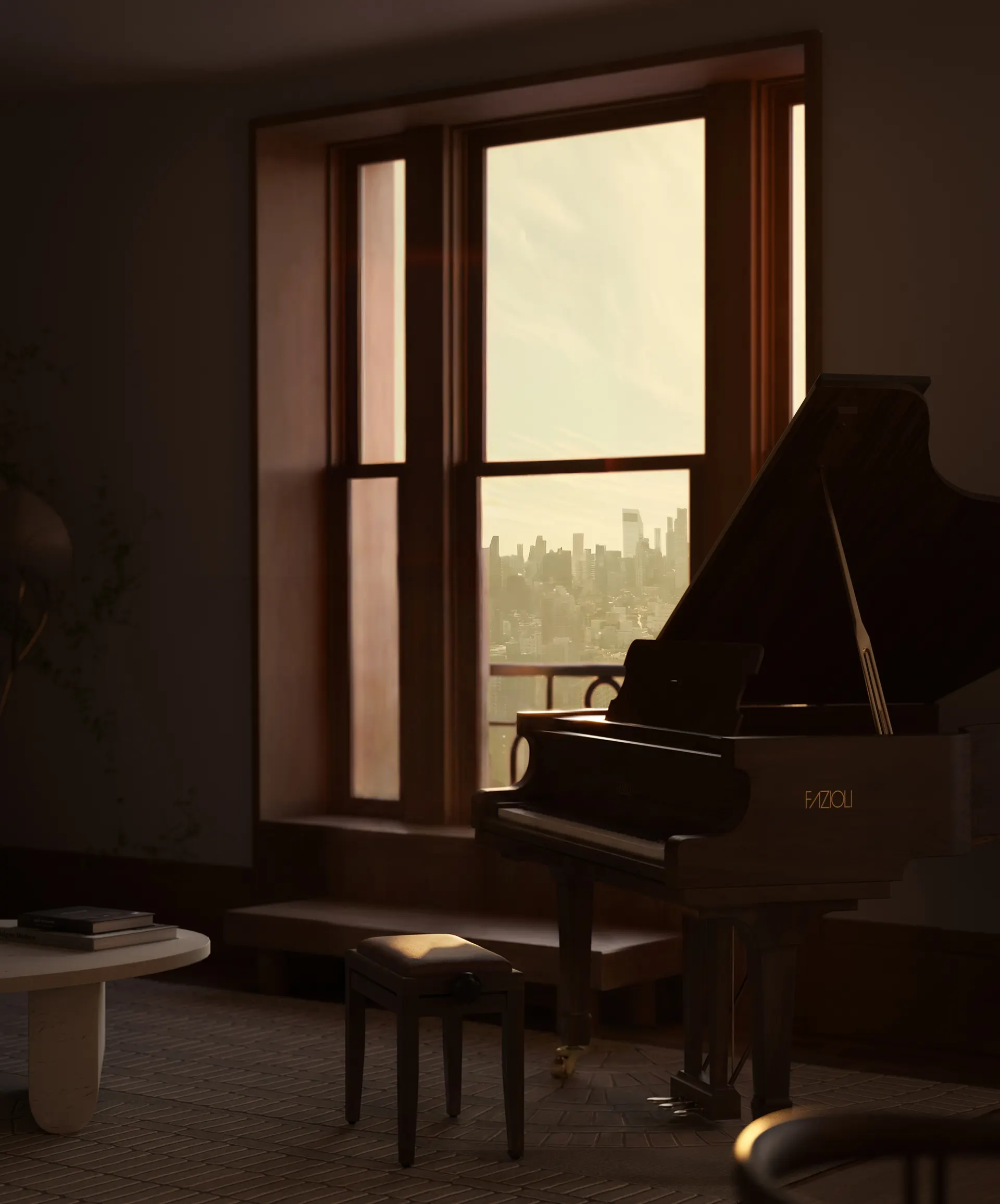 Grand piano by the window against the evening skyline